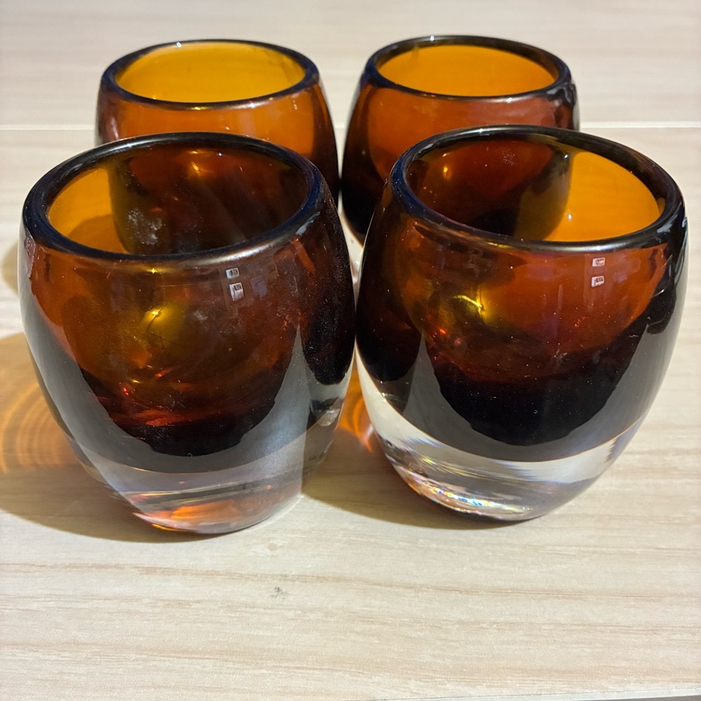 4 Crate & Barrel Diva Amber Topaz Votive Tea Light Candle Holders Set 3 1/4” Vtg